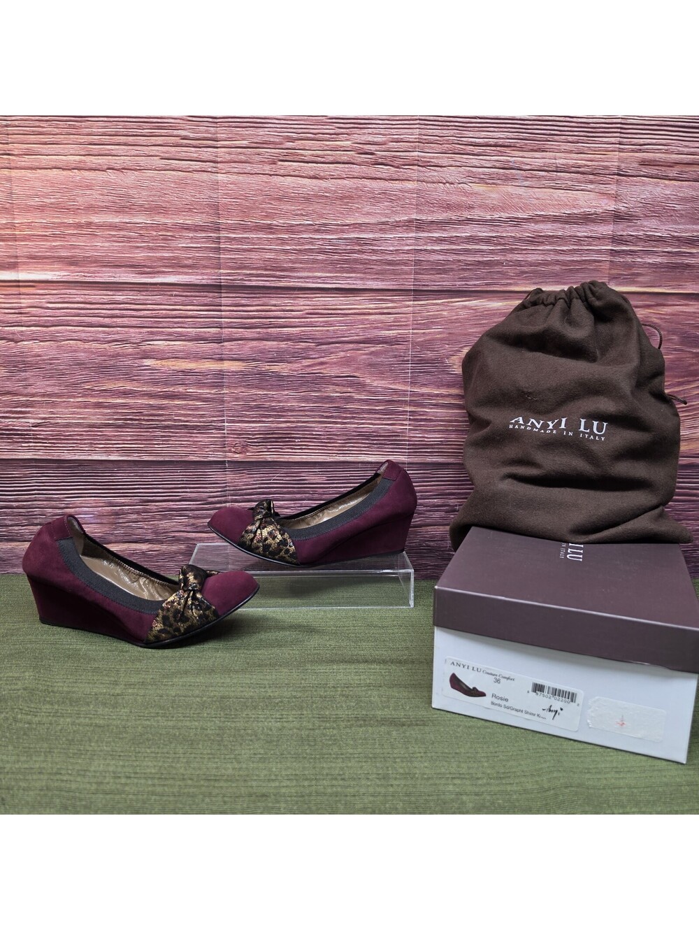 Anyi Lu Rosie Women's Bordeaux Suede Graphite Shimmer Knot Wedge EU 36